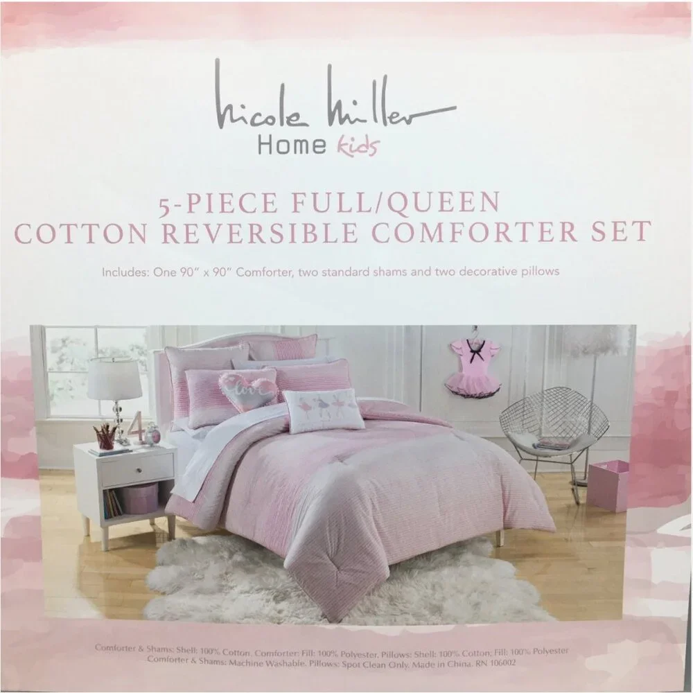 5pc Nicole Miller Ballerina FULL QUEEN Set Comforter Pillows Dance Hearts Pink